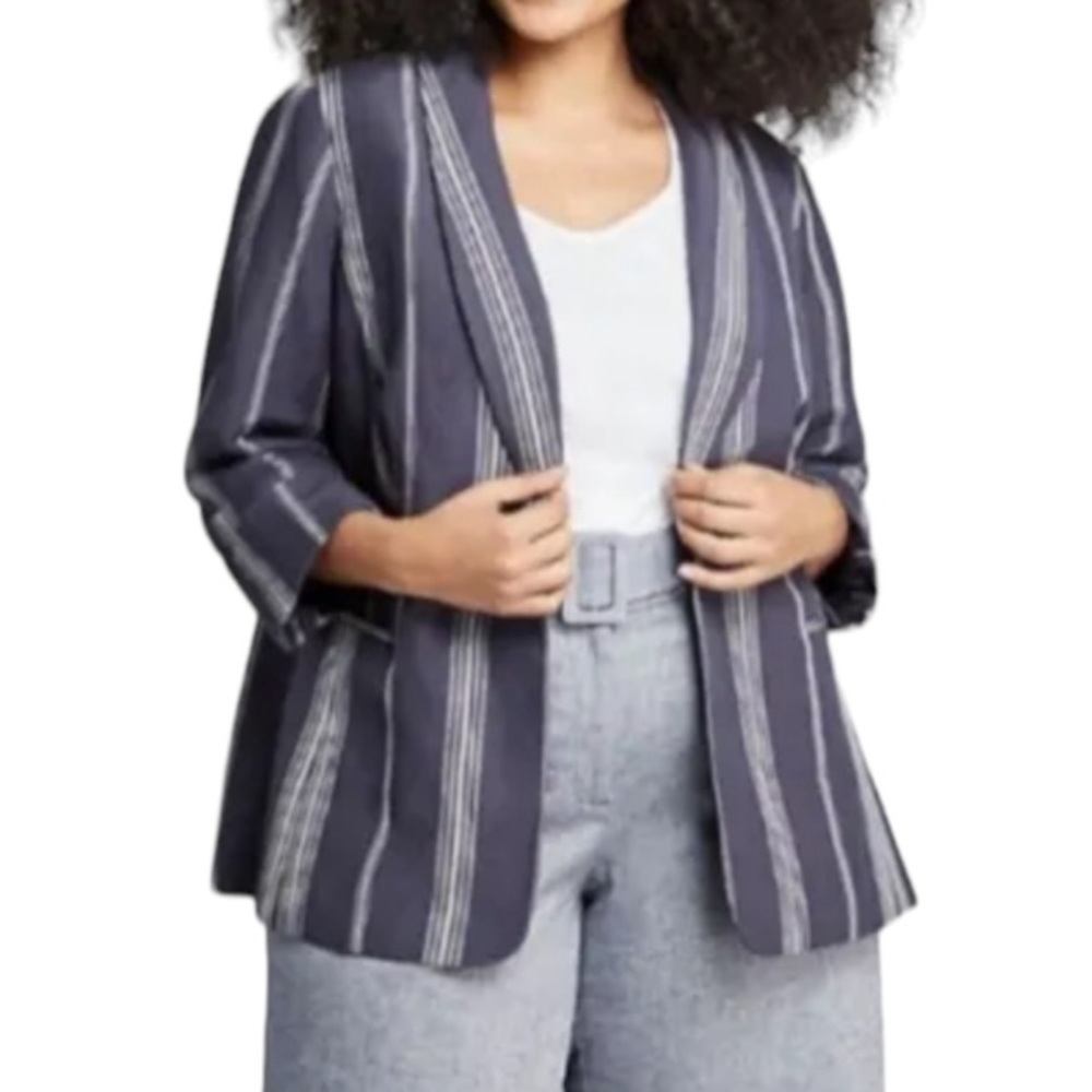 Lane Bryant Bryant Blazer Navy Blue White Striped Linen Blend Jacket Size 16 NWT